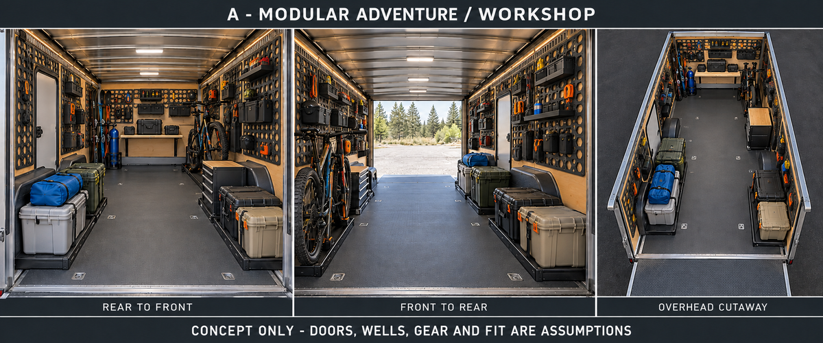 Three cargo-trailer concept views with Multiboard wall panels, fitted tool storage, bikes and gear cases.