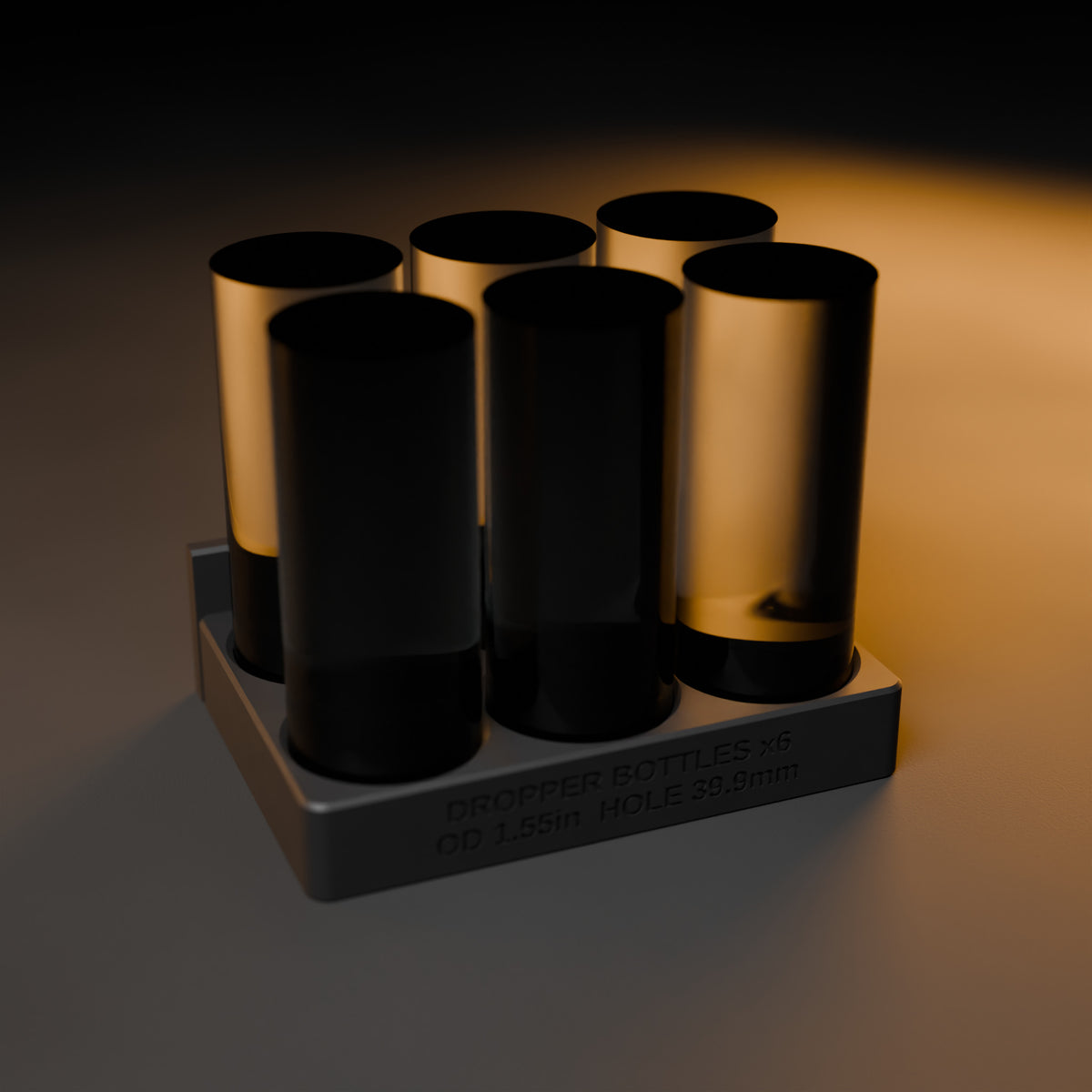 Dropper bottle block with bottles on a dark workbench under warm light (bottles not included)