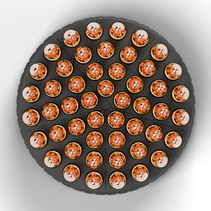 Top-down view of the open F&F 9mm puck holding 50 rounds in five wedges of ten