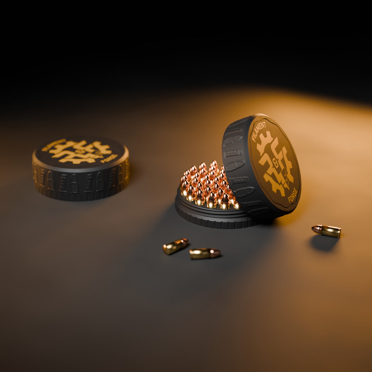 Two F&F 50-round ammo pucks on a dark workbench, one open with rounds and the gold-badge lid leaning on it, one closed