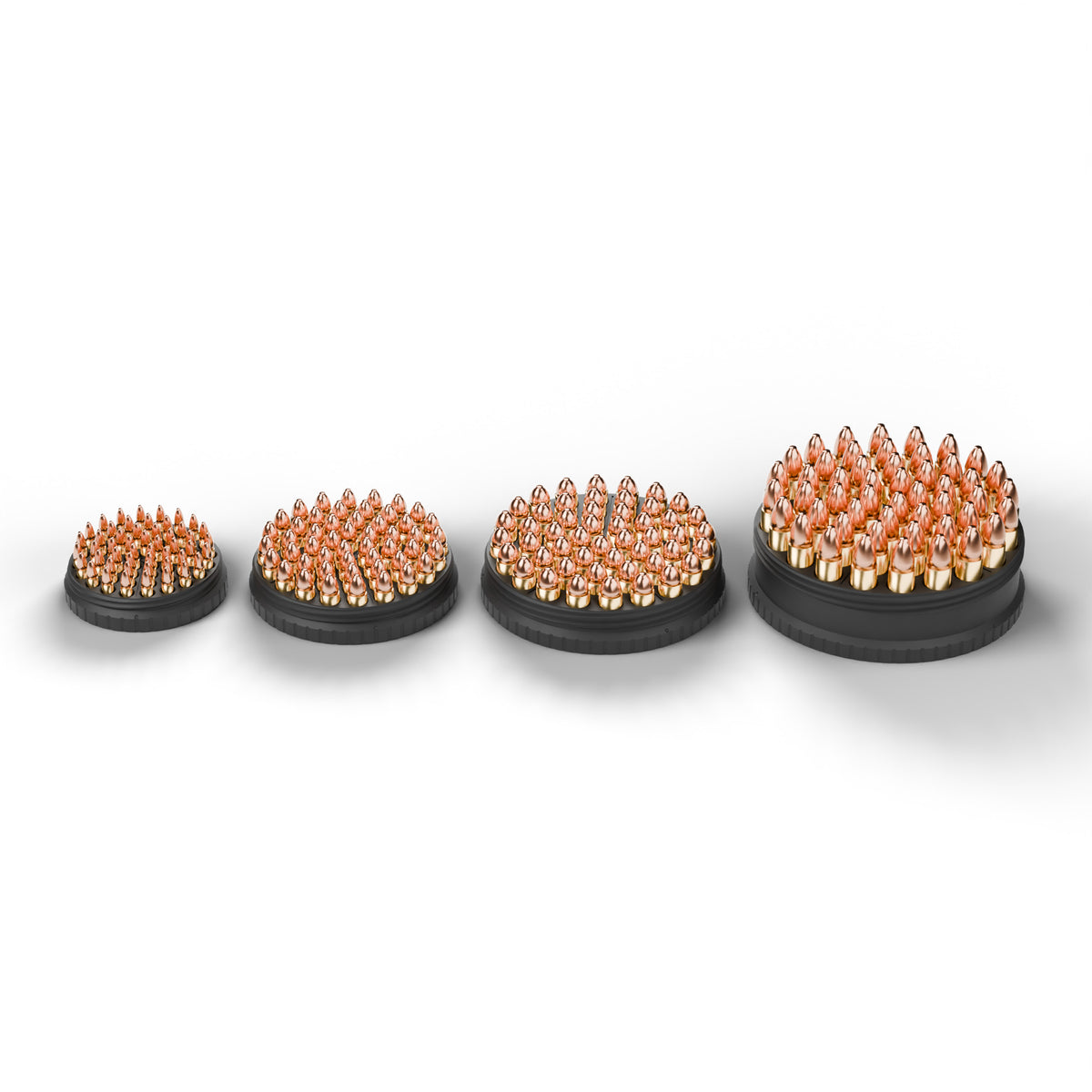 F&F ammo puck sizes compared: .22 LR, 9mm, .45 ACP and .500 S&W Magnum bases, each loaded with 50 rounds