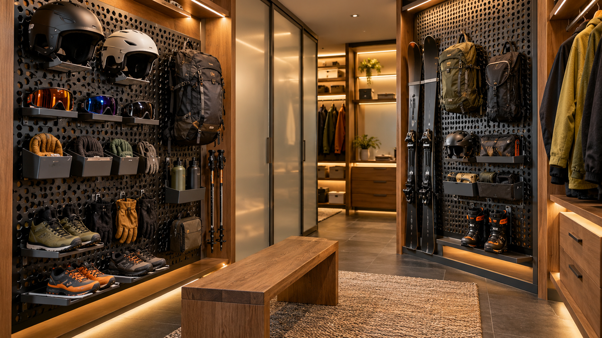 Performance gear closet: Closets concept with Multiboard panels and custom fitted storage. Concept visualization.