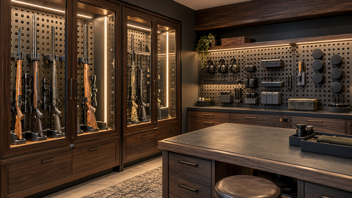 Private equipment vault: Gun rooms concept with Multiboard panels and custom fitted storage. Concept visualization.