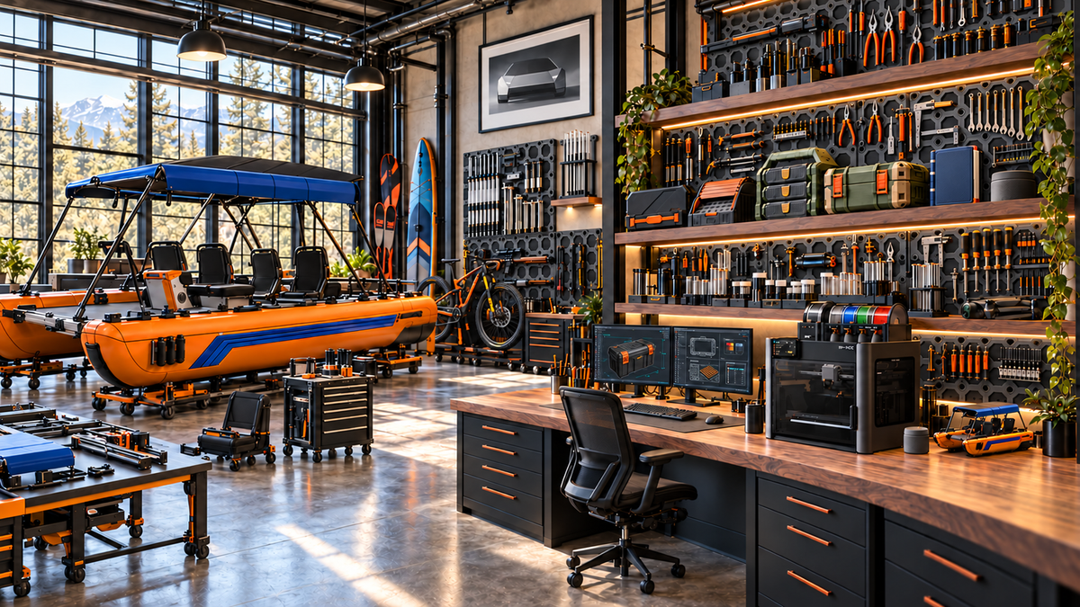 Concept workshop with Multiboard tool walls, Mud Lab equipment, ammo cases, H2C, dual monitors and a boat build.