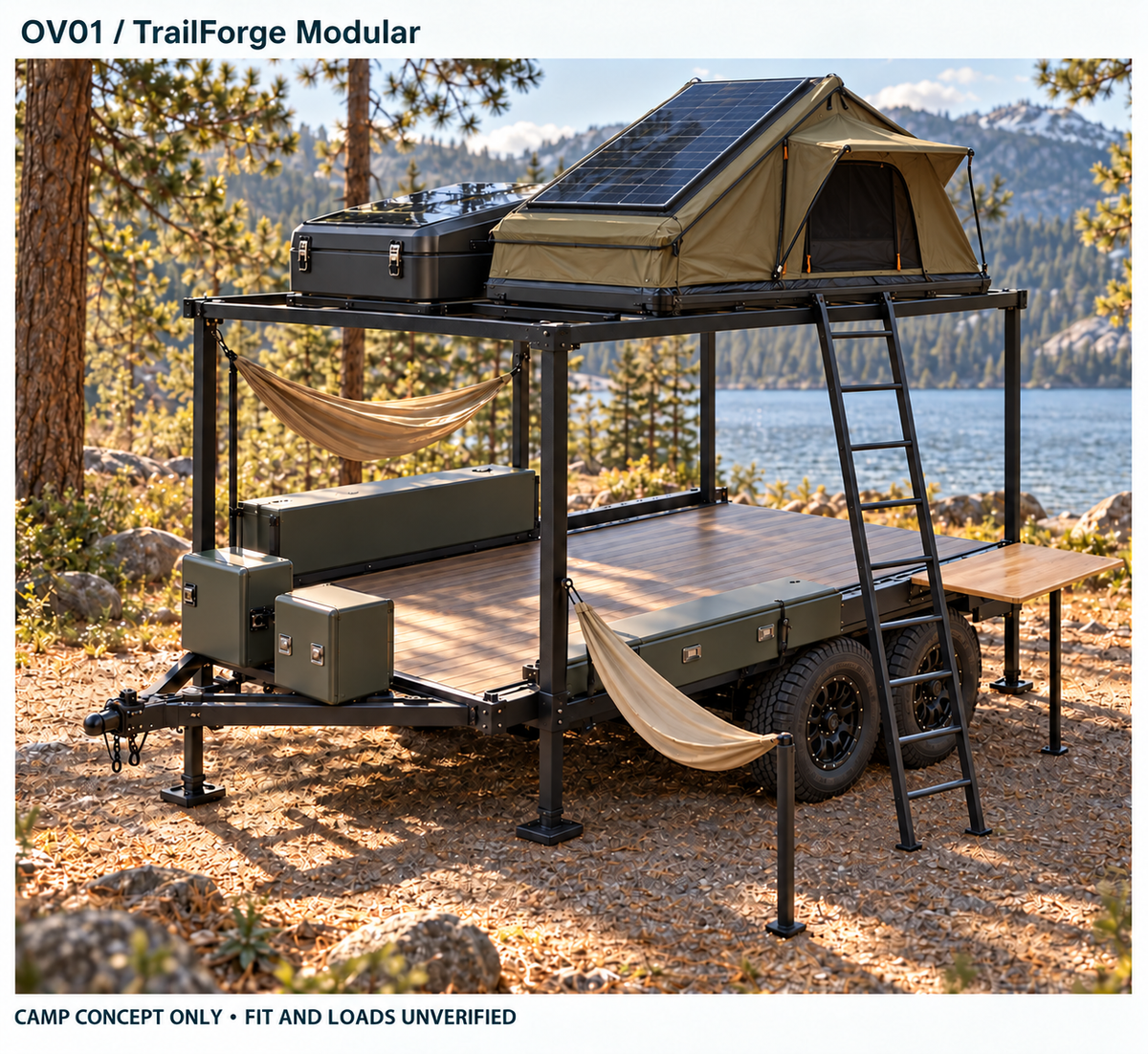 TrailForge Modular flatbed trailer concept with a rack, rooftop tent and organized storage; fit and loads unverified