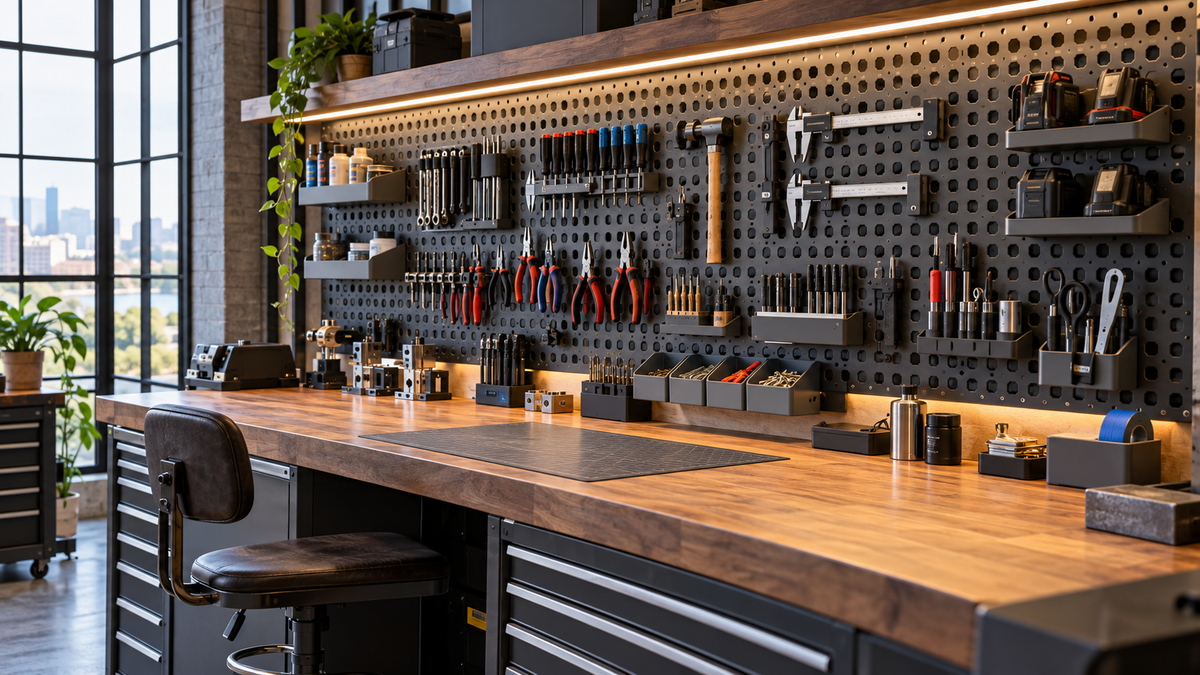 Precision tool wall: Wall systems concept with Multiboard panels and custom fitted storage. Concept visualization.