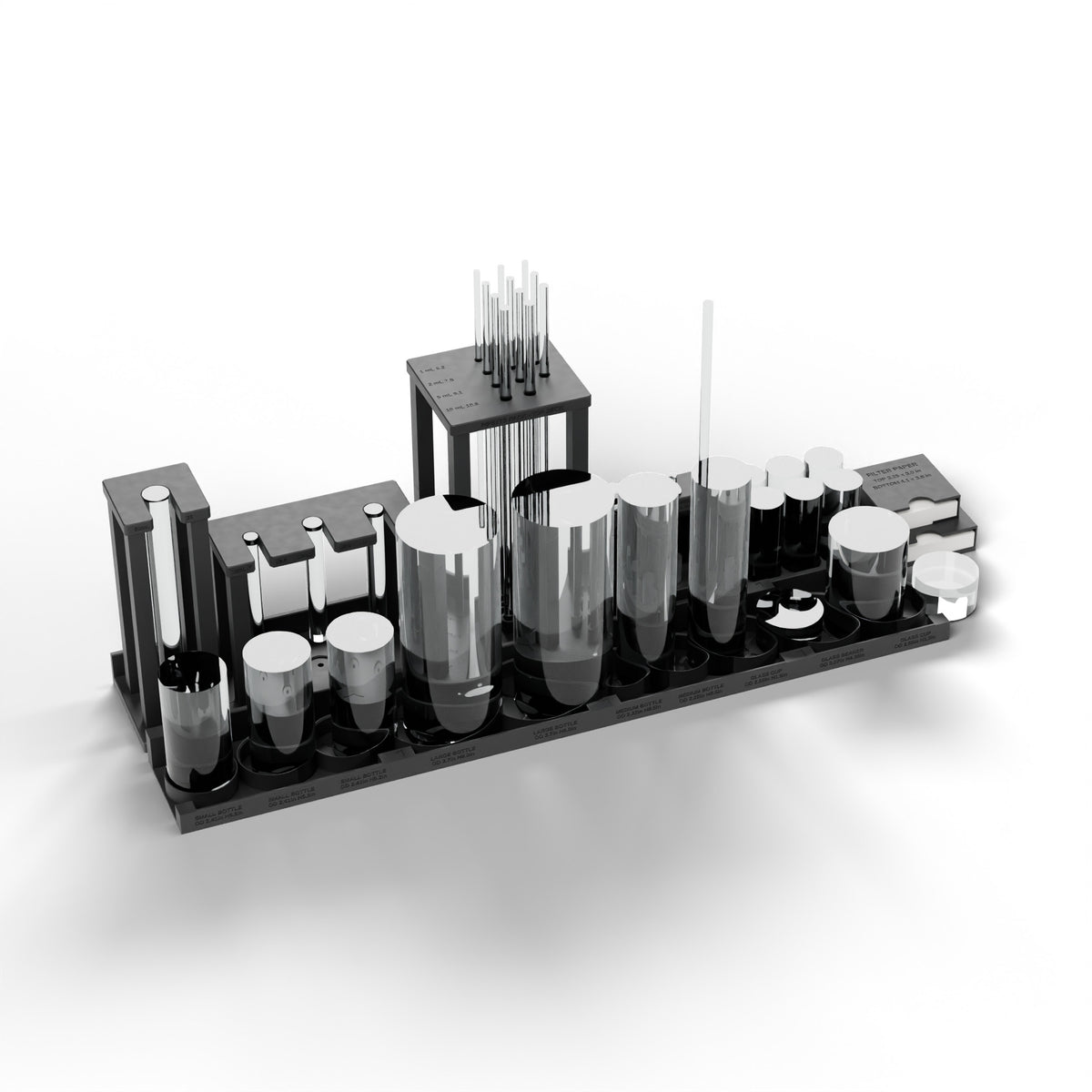 Included in the bundle: the Mud Lab Organizer Kit in black, six printed modules holding lab glassware (glassware not included)