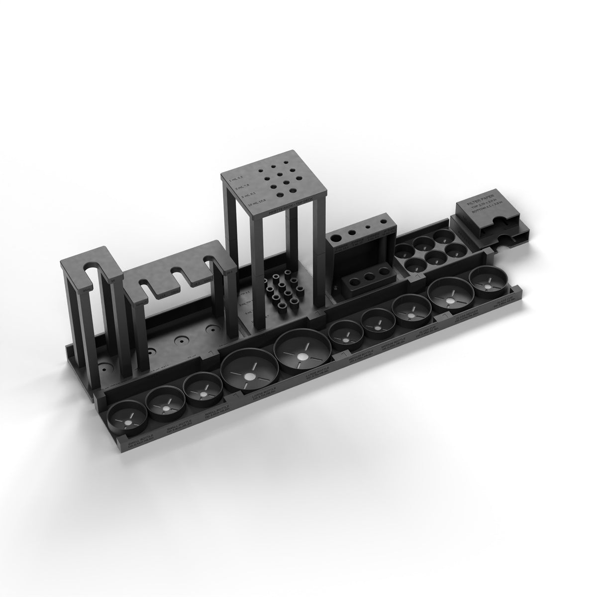 Included in the bundle: all six Mud Lab Organizer Kit modules empty: dropper block, four joined bottle and beaker trays, filter paper box, graduated cylinder rack, pipette rack and syringe/JP tube/CO2 block