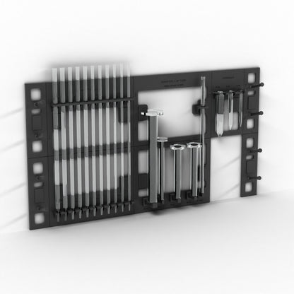 Included in the bundle: black wall-mount lab rack holding pipettes, graduated cylinders, JP tube and syringes off the bench (glassware not included)