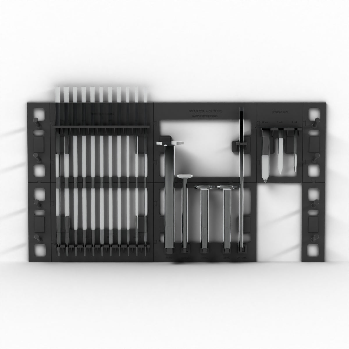 Included in the bundle: front view of the loaded wall-mount lab rack (glassware not included)