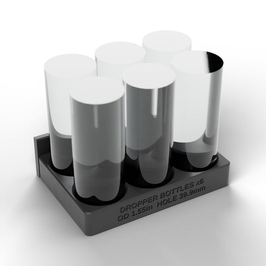 Black 6-cup dropper bottle block holding six dropper bottles in two rows of three (bottles not included)