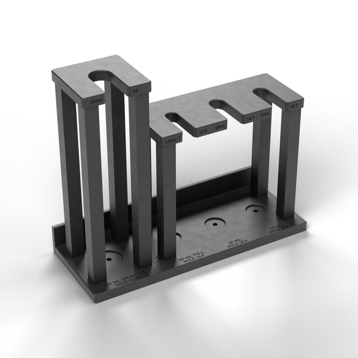 Empty graduated cylinder drying rack showing the tall and low towers, decks and posts