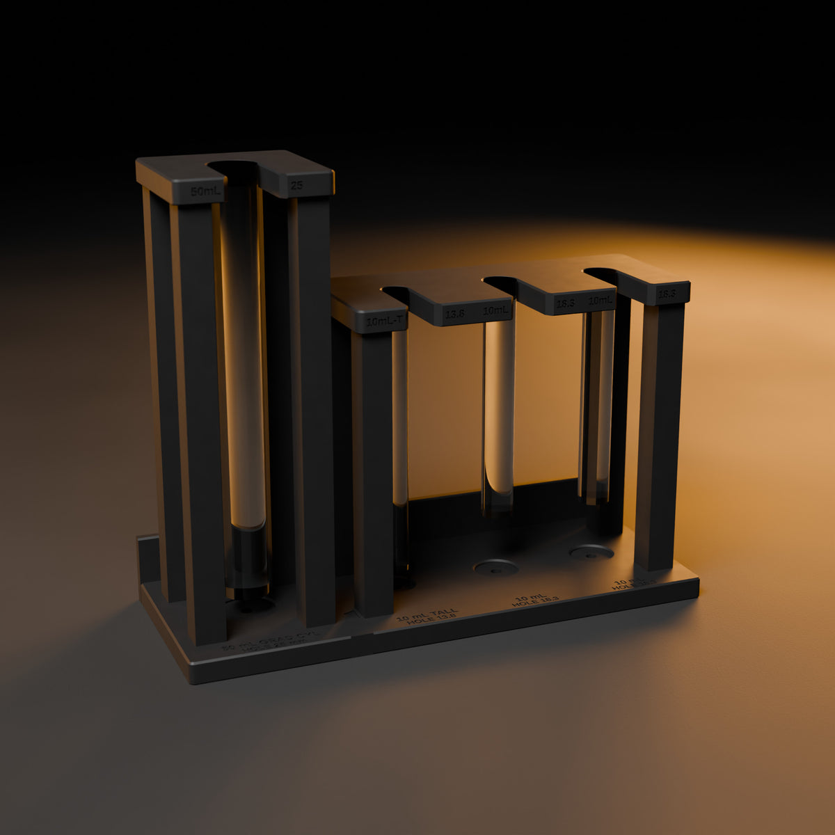 Graduated cylinder drying rack with cylinders on a dark workbench under warm light (cylinders not included)