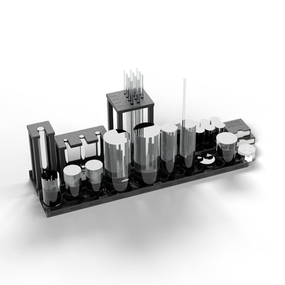 Mud Lab Organizer Kit in black: six printed modules laid out on the bench holding lab glassware (glassware not included)