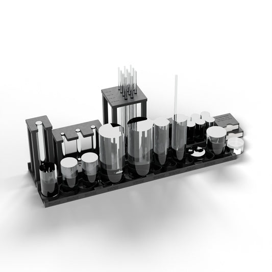 Mud Lab Organizer Kit in black: six printed modules laid out on the bench holding lab glassware (glassware not included)