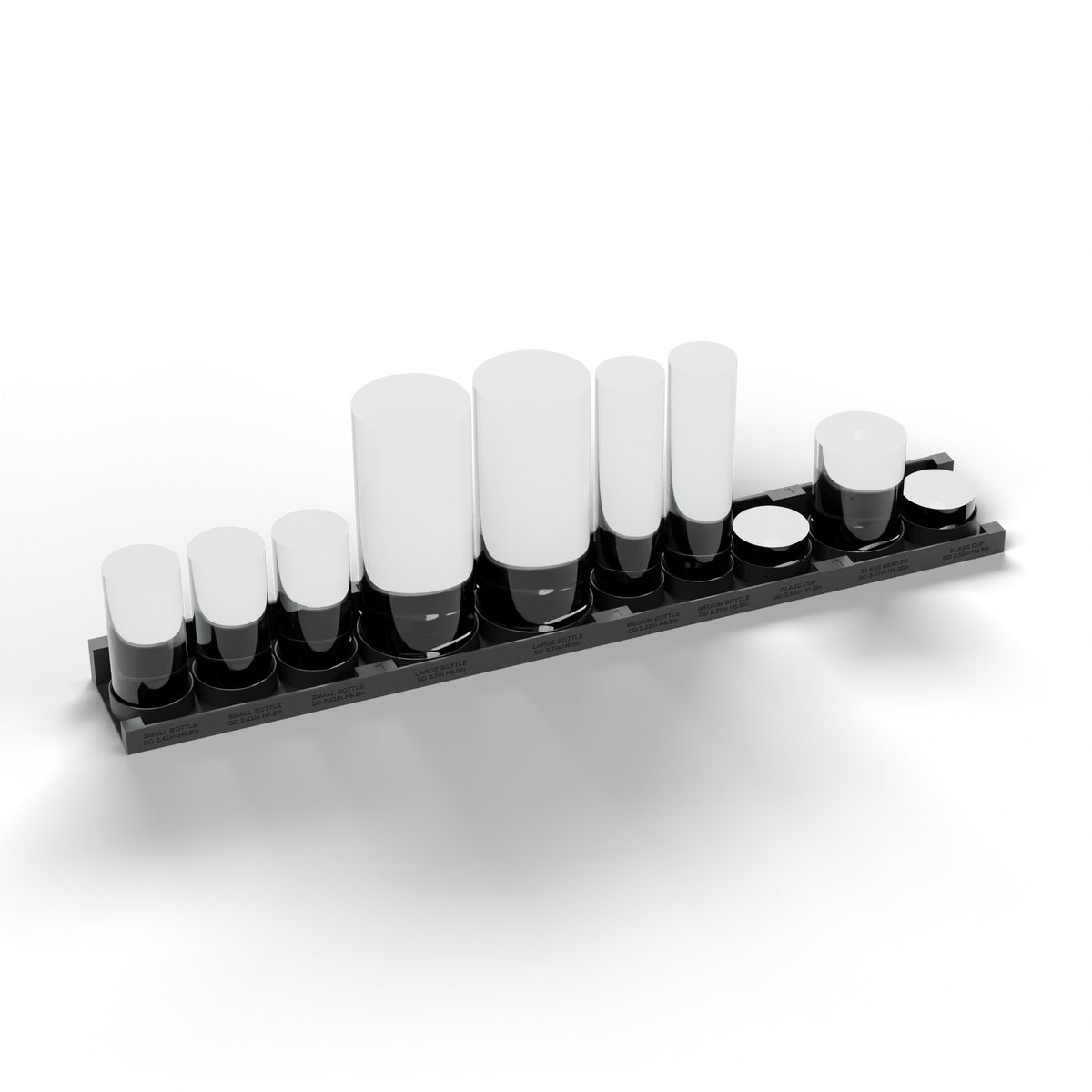 Included in the kit: four bottle and beaker trays dovetailed into one row, holding sample bottles, a beaker and glass cups (glassware not included)