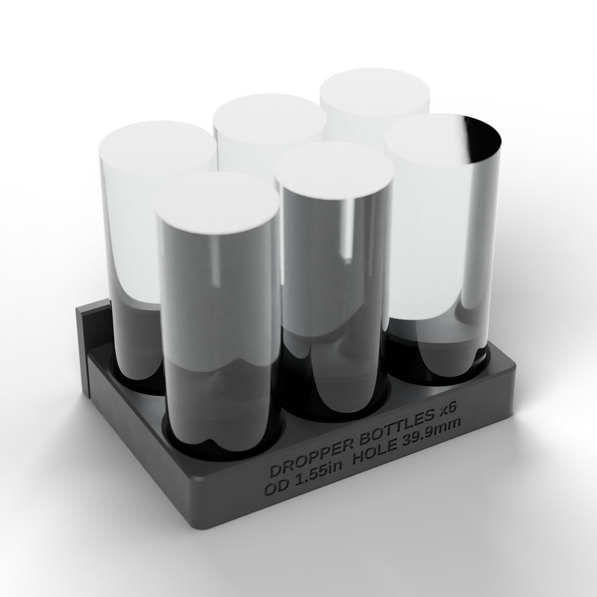Included in the kit: black 6-cup dropper bottle block holding six dropper bottles in two rows of three (bottles not included)