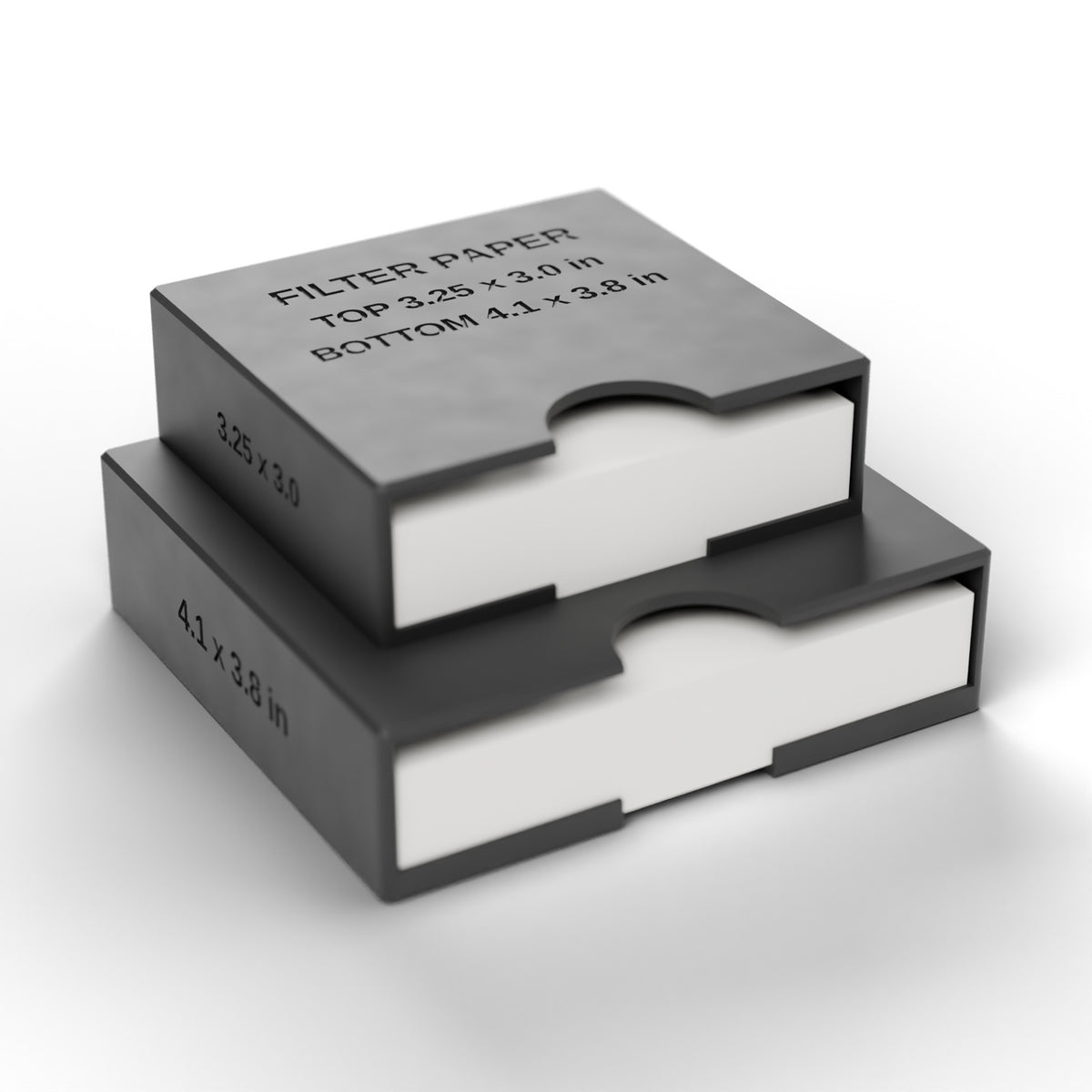 Included in the kit: black two-slot filter paper box with paper in both open-front slots (filter paper not included)