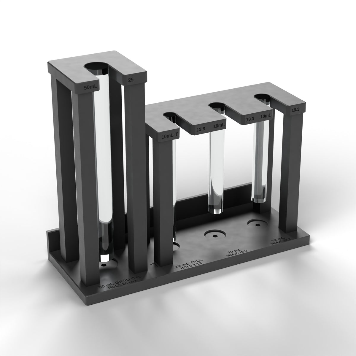 Included in the kit: graduated cylinder drying rack with tall and low towers holding cylinders mouth-down to drain (cylinders not included)