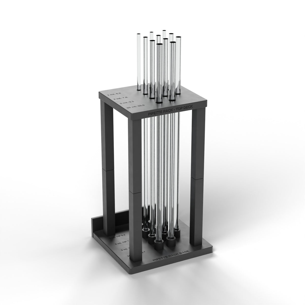 Included in the kit: black pipette rack standing pipettes upright between the top deck and the tip-cup base (pipettes not included)