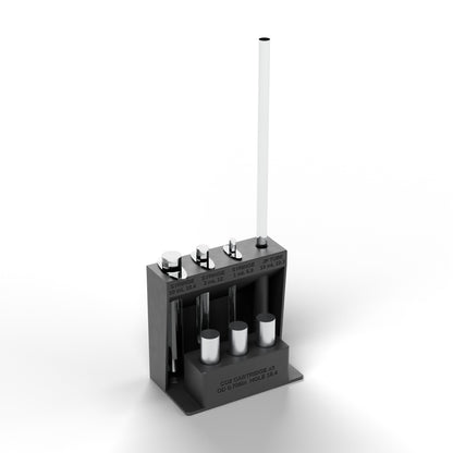 Included in the kit: stepped syringe, JP tube and CO2 block holding three syringes, a JP tube and three CO2 cartridges (not included)