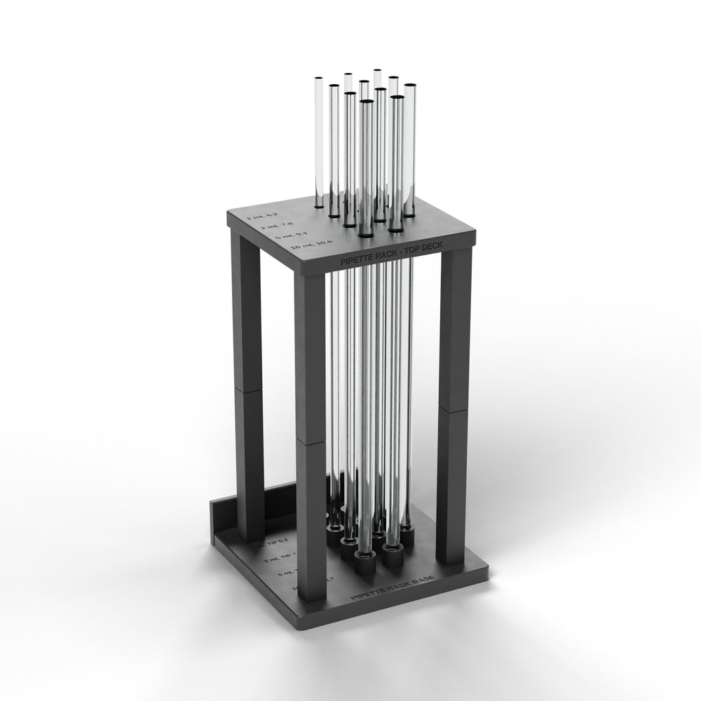 Black pipette rack standing pipettes upright between the top deck and the tip-cup base (pipettes not included)