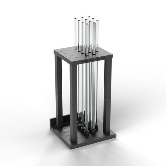 Black pipette rack standing pipettes upright between the top deck and the tip-cup base (pipettes not included)