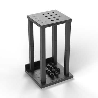 Empty pipette rack showing the top deck guide holes, four posts and tip-cup base