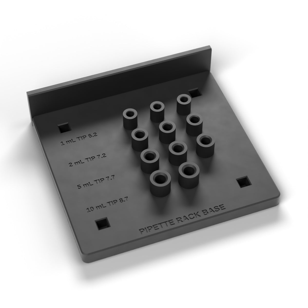 Pipette rack base with tip cups and labeled rows by pipette size