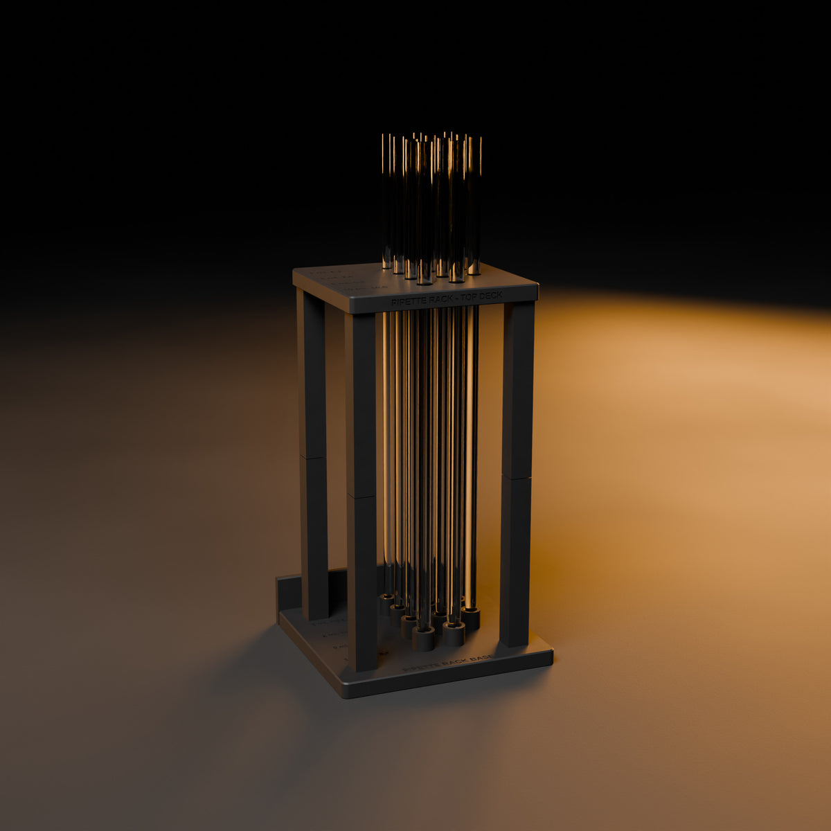 Pipette rack with pipettes on a dark workbench under warm light (pipettes not included)