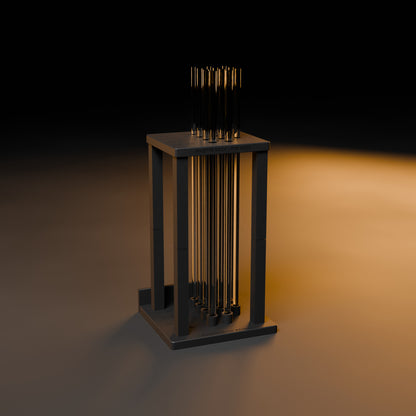 Pipette rack with pipettes on a dark workbench under warm light (pipettes not included)