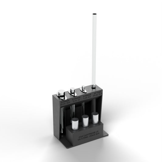 Stepped syringe, JP tube and CO2 block holding three syringes, a JP tube and three CO2 cartridges (not included)