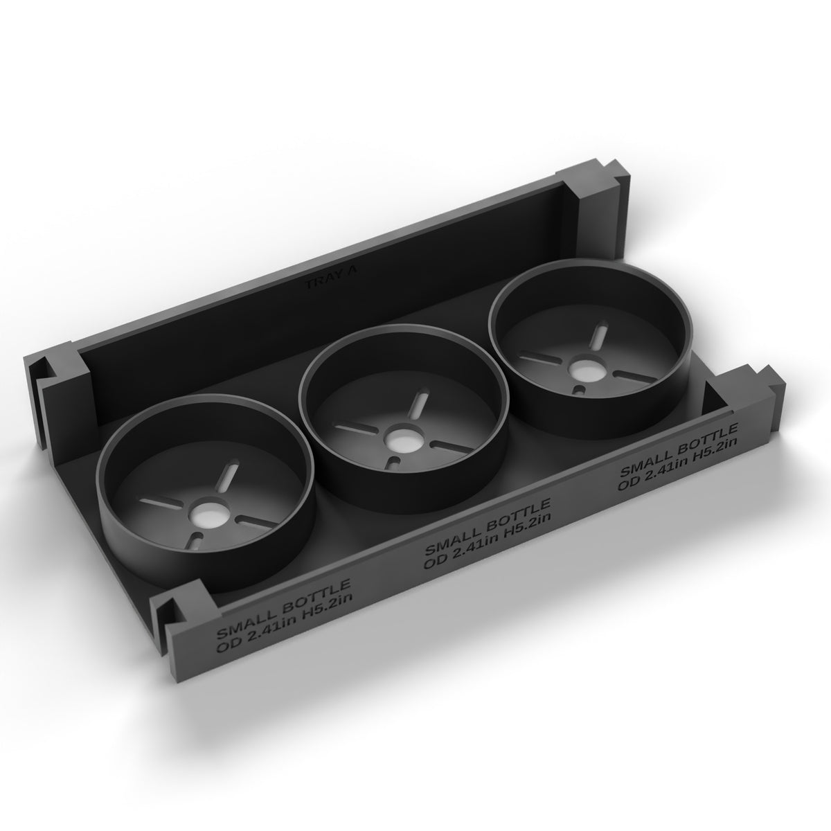 Tray A on its own: three locating rings for small bottles, with dovetail edges