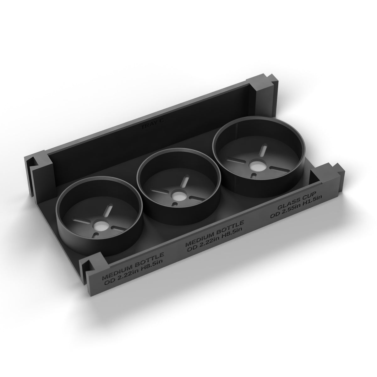 Tray C on its own: rings for two medium bottles and one glass cup, with dovetail edges