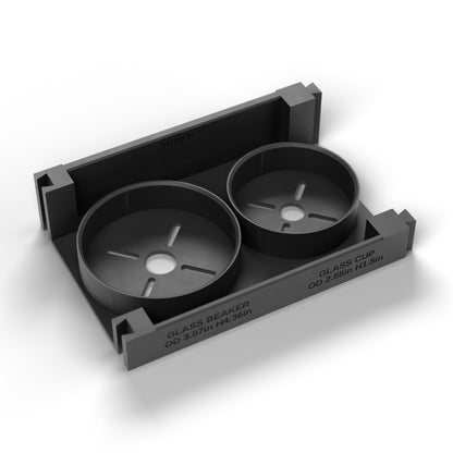 Tray D on its own: rings for one glass beaker and one glass cup, with dovetail edge