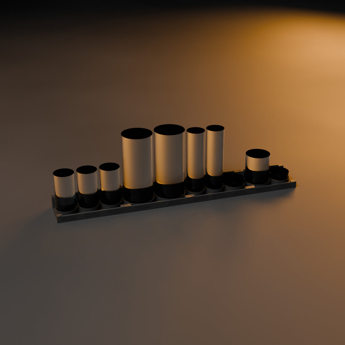 Joined bottle and beaker trays with glassware on a dark workbench under warm light (glassware not included)