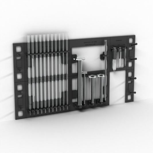 Black wall-mount lab rack holding pipettes, graduated cylinders, JP tube and syringes off the bench (glassware not included)