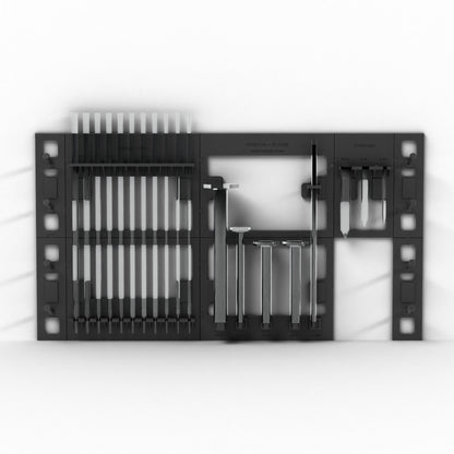 Front view of the loaded wall-mount lab rack (glassware not included)