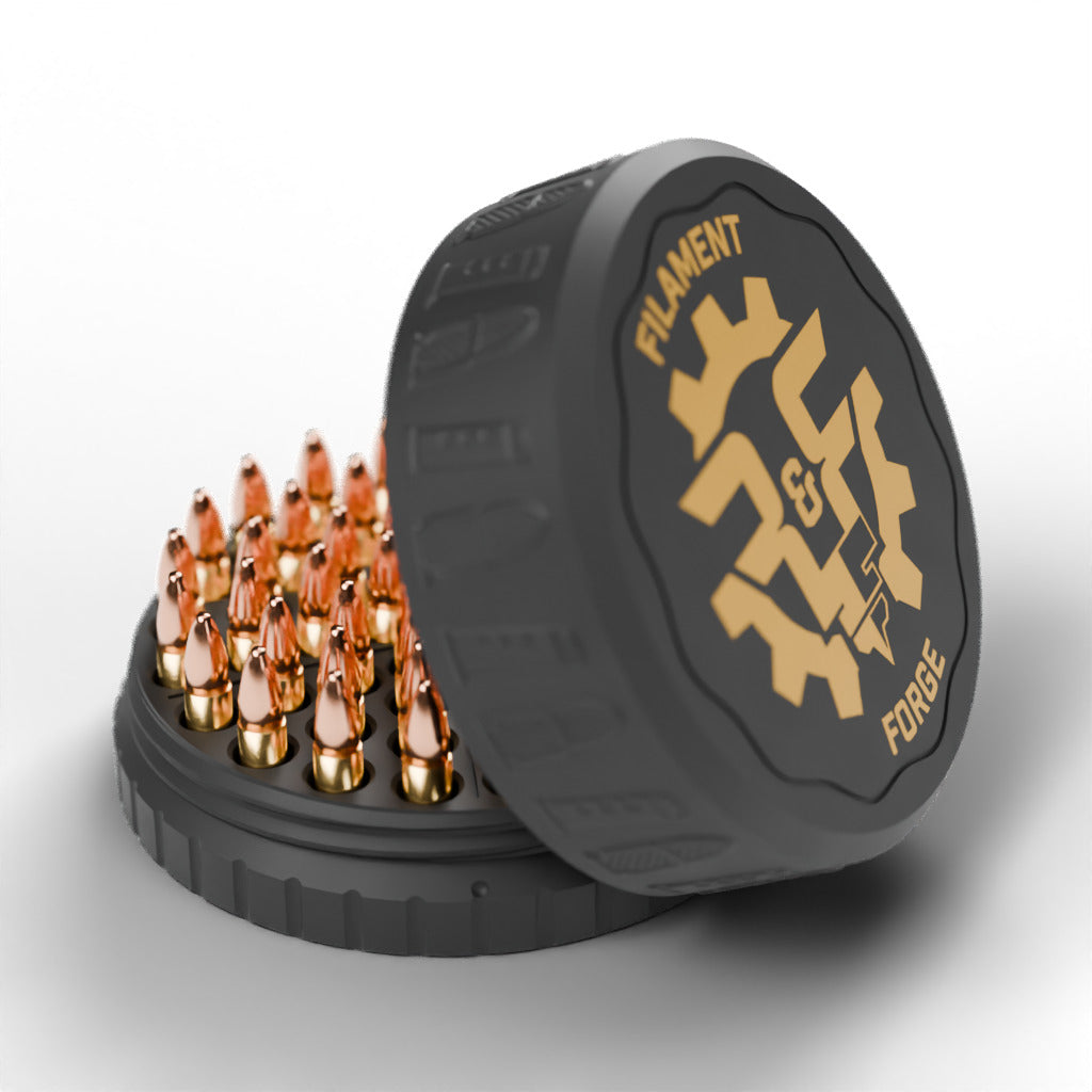 F&F 50-round ammo puck for .22 LR, open with 50 rounds and the gold-badge textured lid leaning beside it