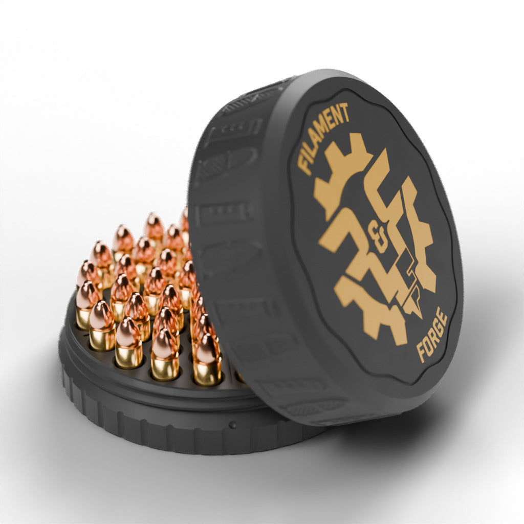 F&F 50-round ammo puck for .25 ACP, open with 50 rounds and the gold-badge textured lid leaning beside it