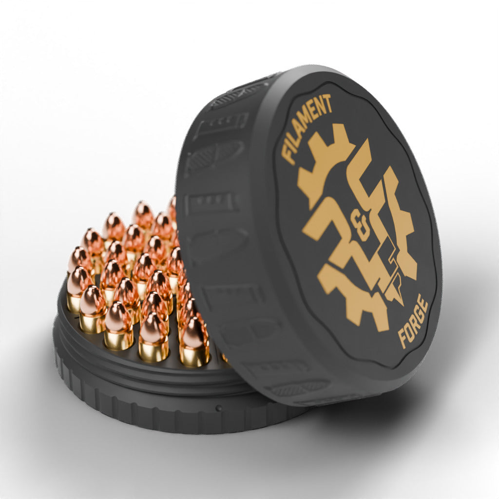 F&F 50-round ammo puck for .30 Super Carry, open with 50 rounds and the gold-badge textured lid leaning beside it