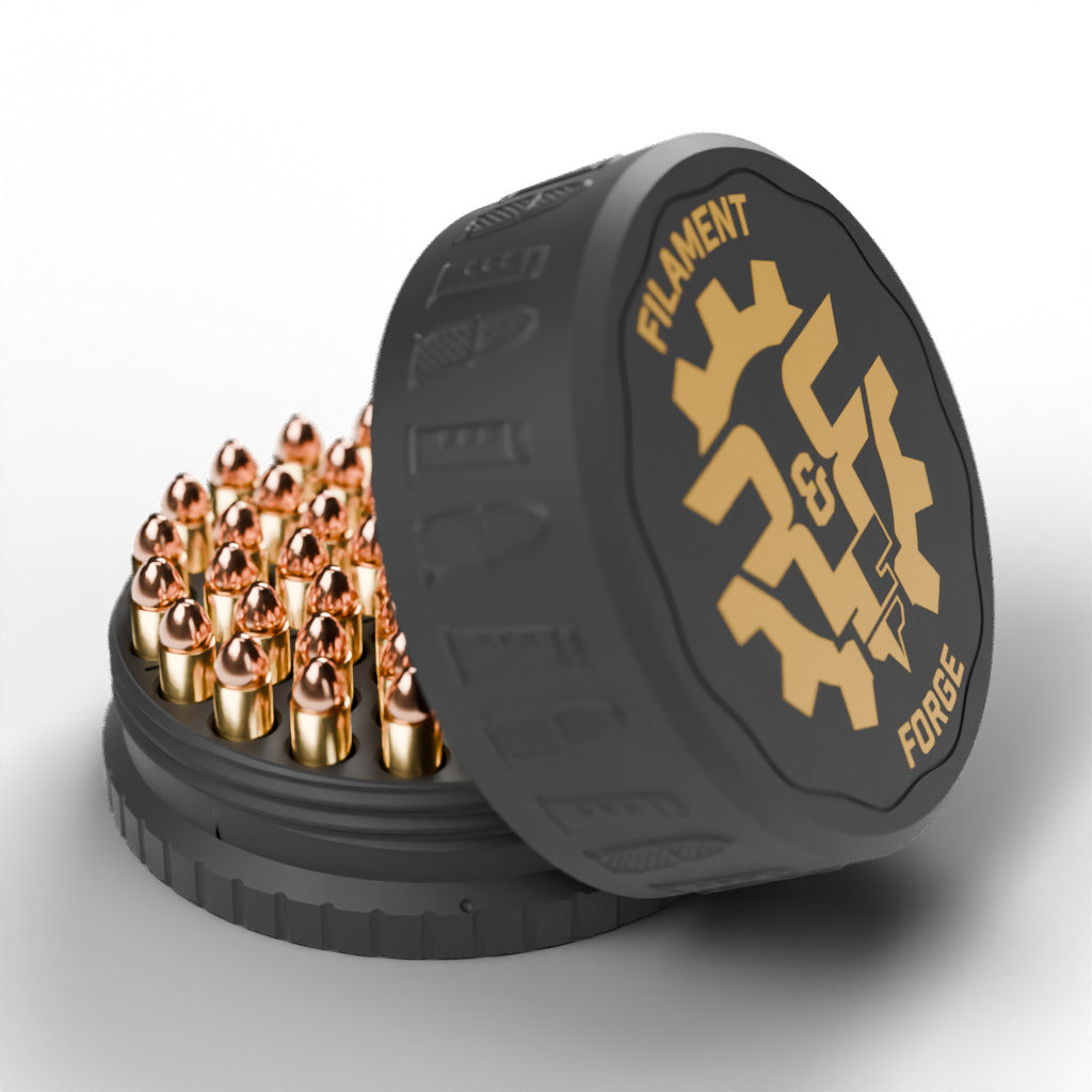 F&F 50-round ammo puck for .327 Federal Magnum, open with 50 rounds and the gold-badge textured lid leaning beside it