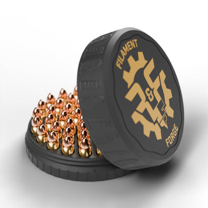 F&F 50-round ammo puck for .32 ACP, open with 50 rounds and the gold-badge textured lid leaning beside it