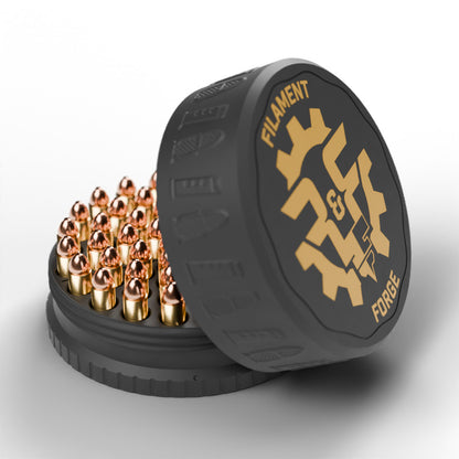 F&F 50-round ammo puck for .357 Magnum, open with 50 rounds and the gold-badge textured lid leaning beside it