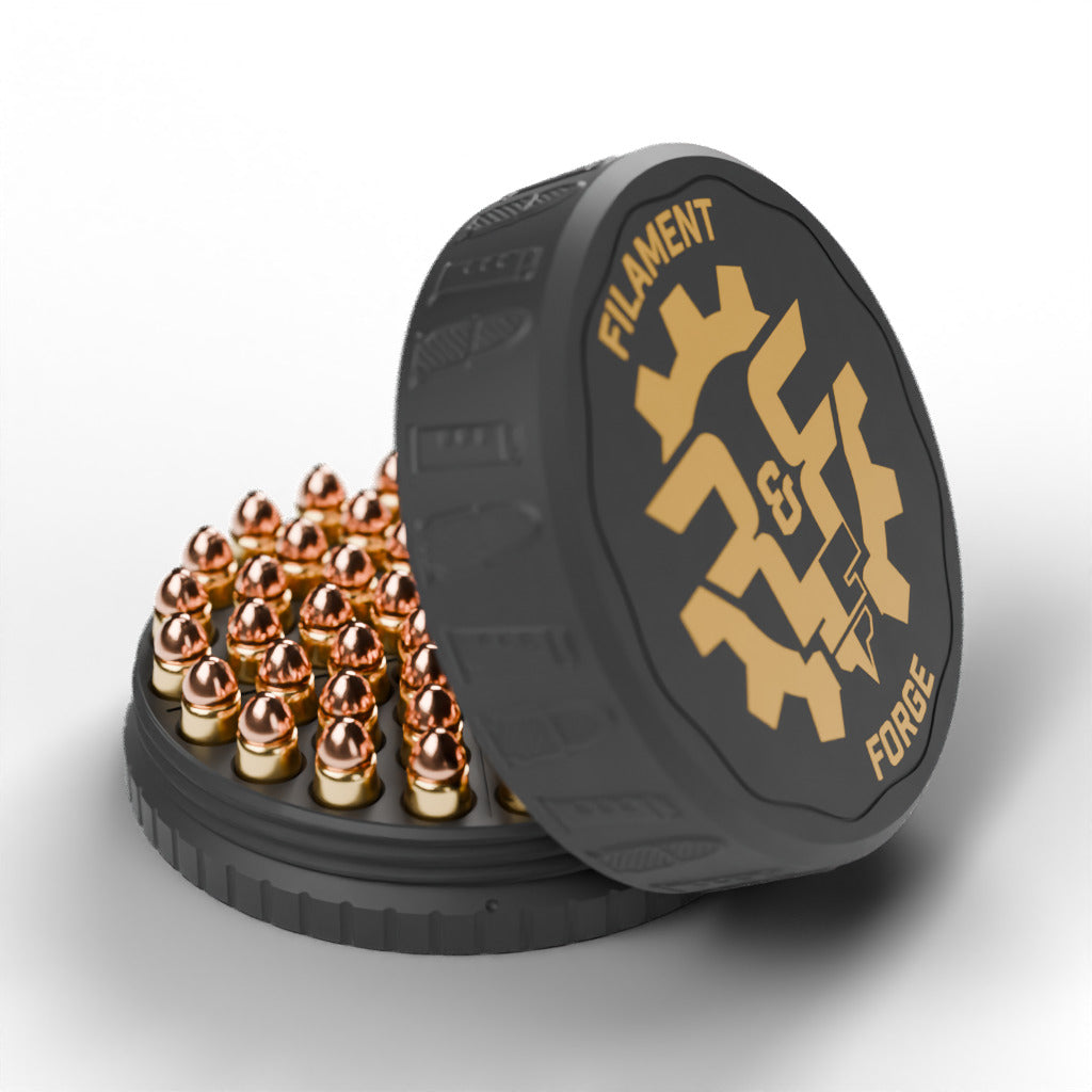 F&F 50-round ammo puck for .357 SIG, open with 50 rounds and the gold-badge textured lid leaning beside it