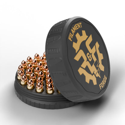F&F 50-round ammo puck for .357 SIG, open with 50 rounds and the gold-badge textured lid leaning beside it