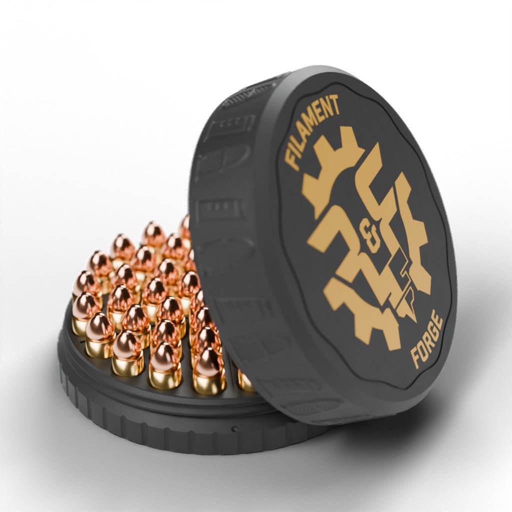F&F 50-round ammo puck for .380 ACP, open with 50 rounds and the gold-badge textured lid leaning beside it