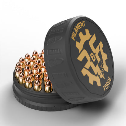 F&F 50-round ammo puck for .41 Magnum, open with 50 rounds and the gold-badge textured lid leaning beside it