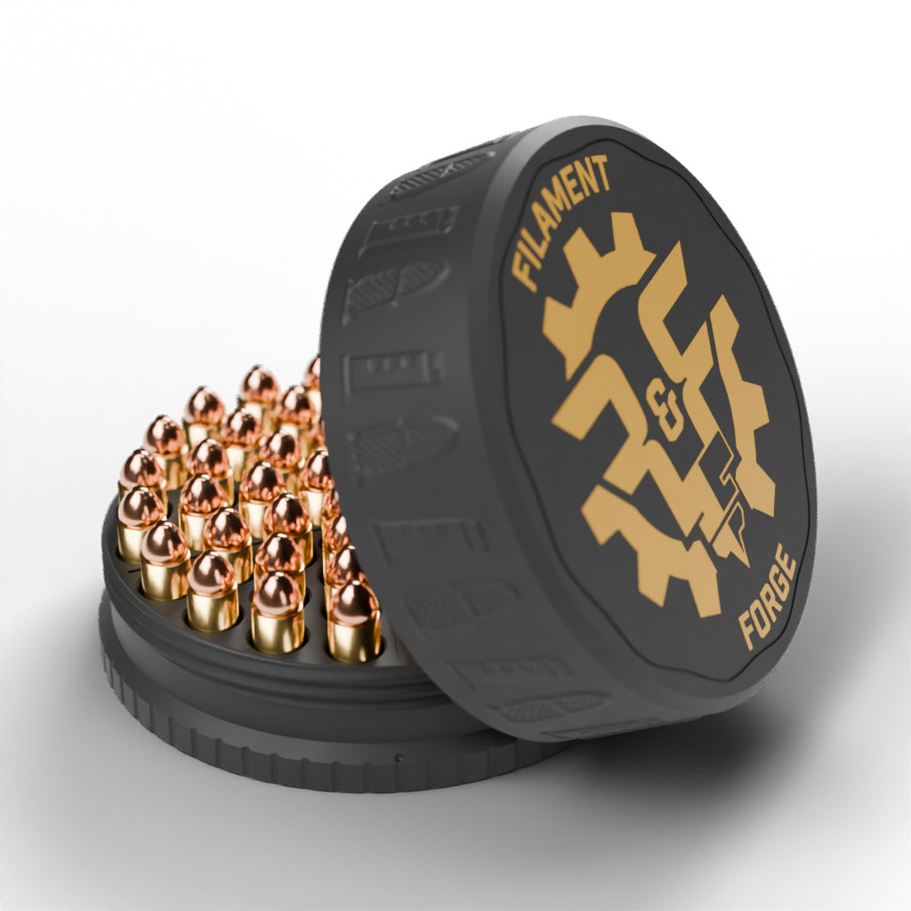 F&F 50-round ammo puck for .44 Magnum, open with 50 rounds and the gold-badge textured lid leaning beside it