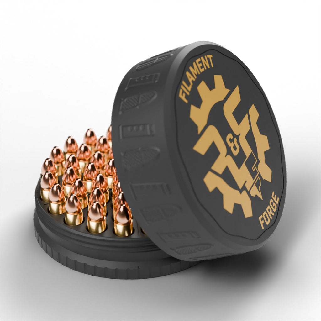 F&F 50-round ammo puck for .44 Special, open with 50 rounds and the gold-badge textured lid leaning beside it
